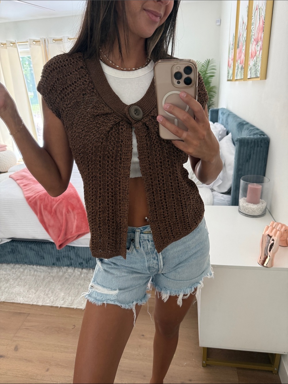 Y2K Kenar Brown Open-Stitch Knit Short Sleeve Top